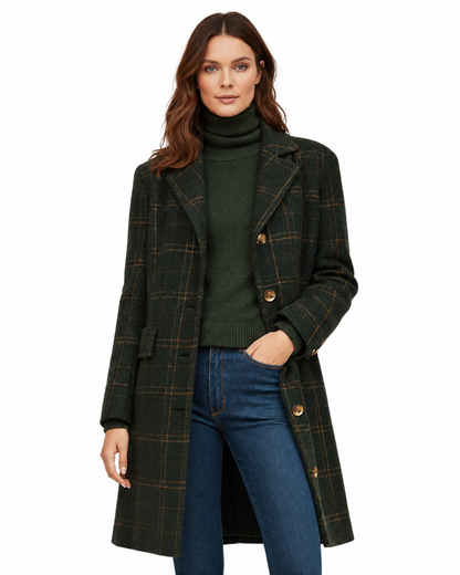 Women's fitted plaid wool blend coat with button closure, perfect for stylish winter outerwear. 1