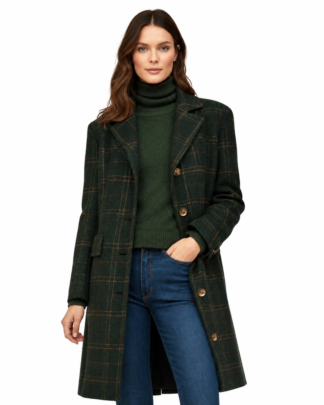 Women's fitted plaid wool blend coat with button closure, perfect for stylish winter outerwear. 3