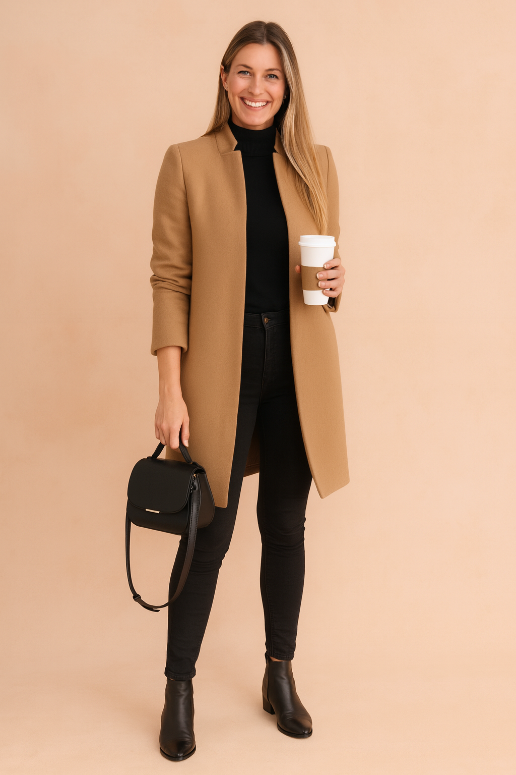 Women's coat featuring a fitted silhouette, designed with a lightweight polyester blend for a minimalist look, perfect for stylish layering. 0