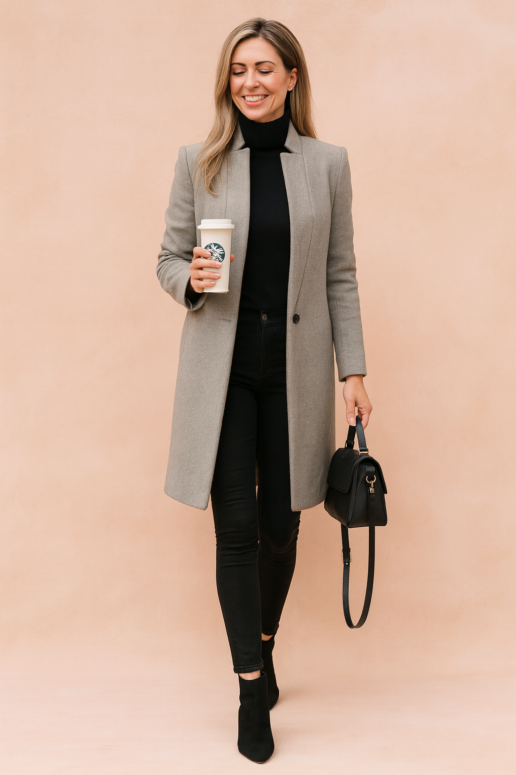 Women's coat featuring a fitted silhouette, designed with a lightweight polyester blend for a minimalist look, perfect for stylish layering. 1