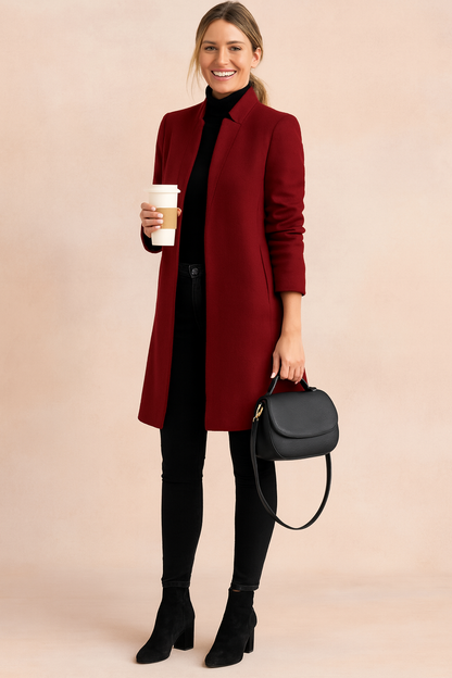 Women's coat featuring a fitted silhouette, designed with a lightweight polyester blend for a minimalist look, perfect for stylish layering. 3