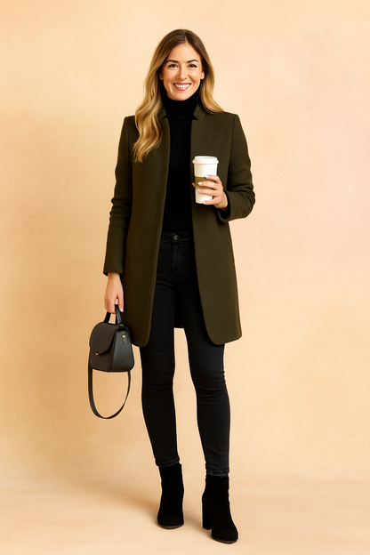 Women's coat featuring a fitted silhouette, designed with a lightweight polyester blend for a minimalist look, perfect for stylish layering. 4