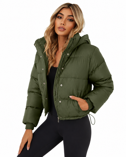 Women's cropped hooded puffer jacket featuring a zip closure and quilted insulated design, perfect for winter warmth and style. 3