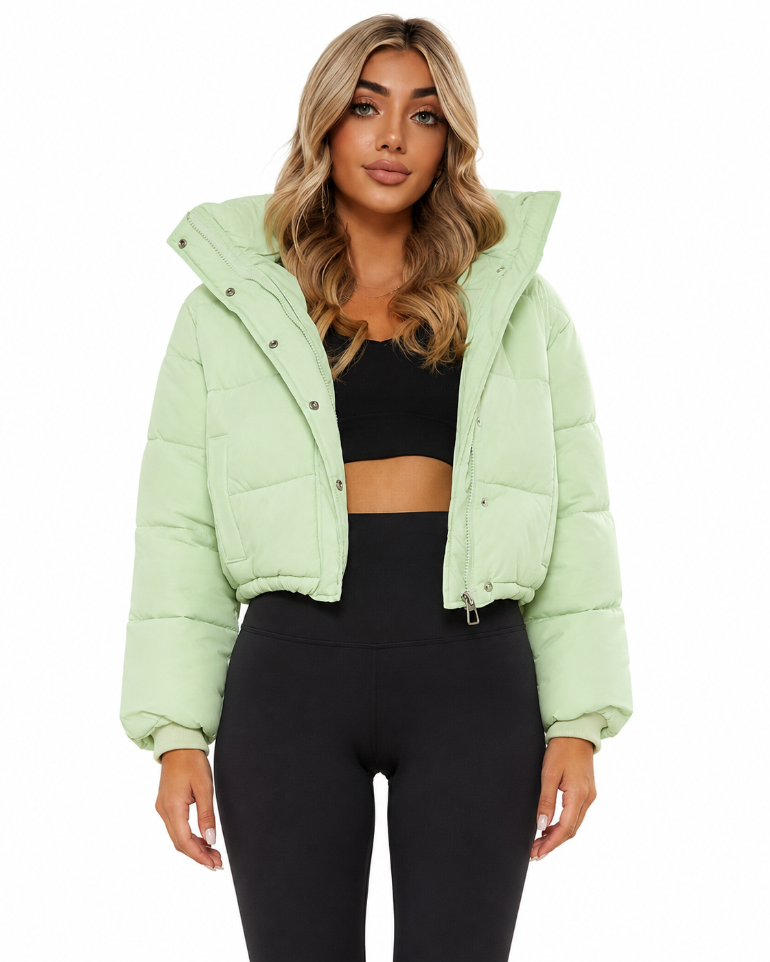 Women's cropped hooded puffer jacket featuring a zip closure and quilted insulated design, perfect for winter warmth and style. 4