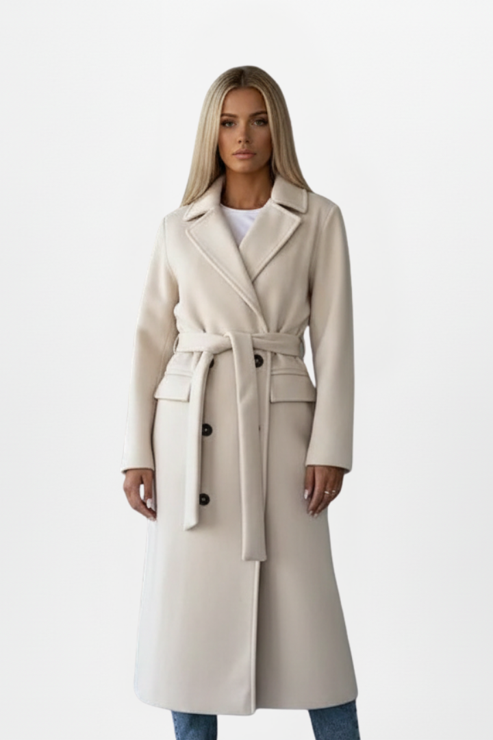 Women's double-breasted long coat featuring an adjustable waist belt, crafted from a warm polyester wool-blend, perfect for winter elegance and style. 0