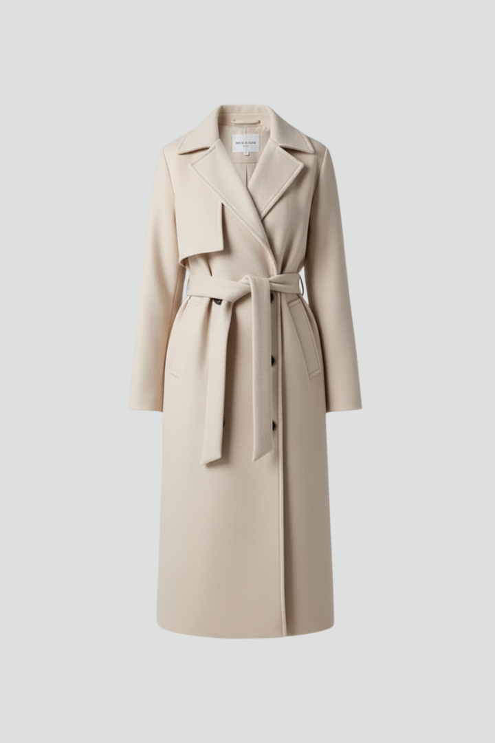 Women's double-breasted long coat featuring an adjustable waist belt, crafted from a warm polyester wool-blend, perfect for winter elegance and style. 1
