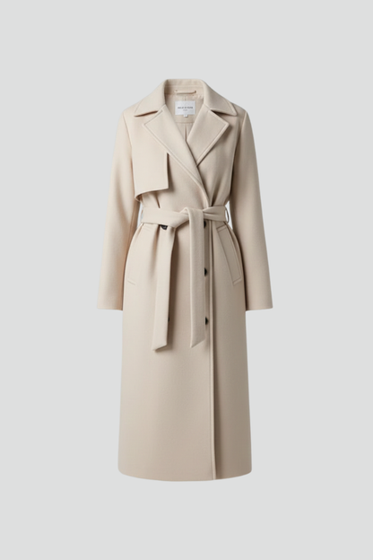 Women's double-breasted long coat featuring an adjustable waist belt, crafted from a warm polyester wool-blend, perfect for winter elegance and style. 1