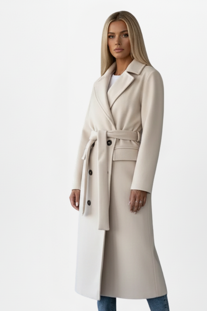 Women's double-breasted long coat featuring an adjustable waist belt, crafted from a warm polyester wool-blend, perfect for winter elegance and style. 2