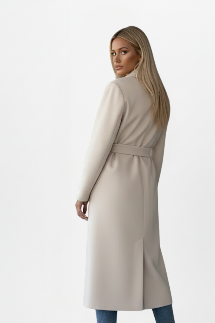 Women's double-breasted long coat featuring an adjustable waist belt, crafted from a warm polyester wool-blend, perfect for winter elegance and style. 3