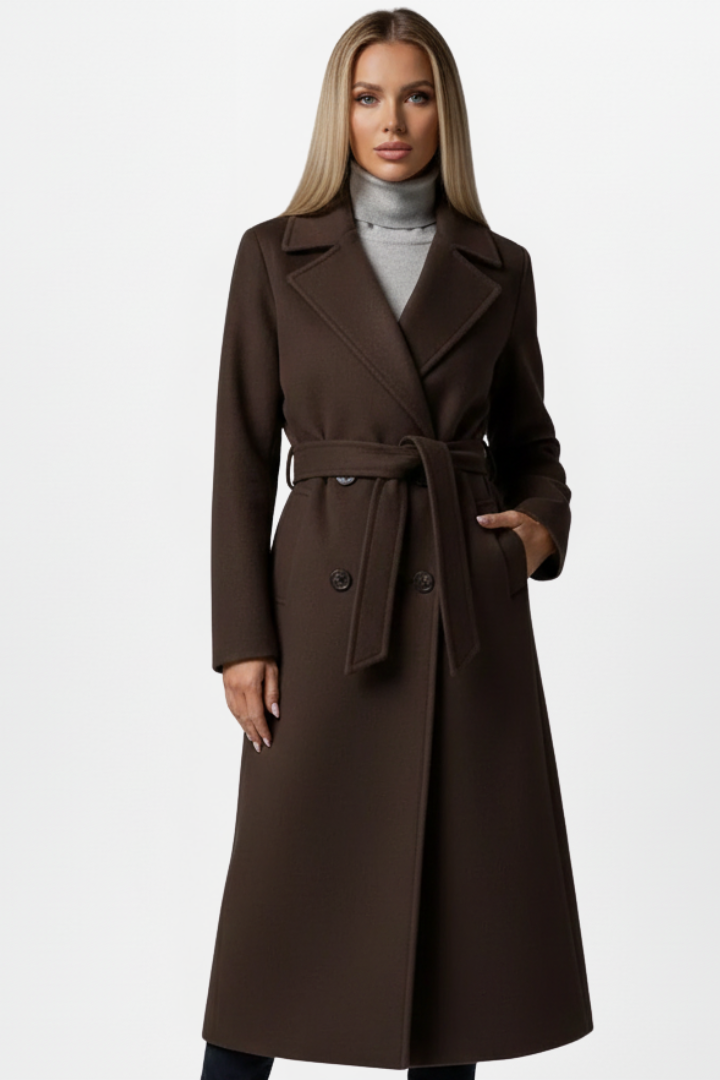 Women's double-breasted long coat featuring an adjustable waist belt, crafted from a warm polyester wool-blend, perfect for winter elegance and style. 5