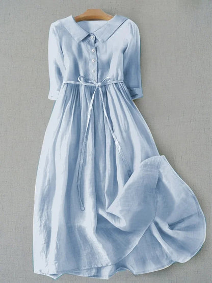 Women's cotton linen blend summer dress featuring a stylish lace-up waist design and elegant half sleeves, perfect for effortless elegance in warm weather. 0