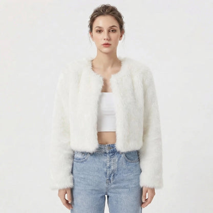 Women's faux fur jacket featuring a stylish cropped silhouette, perfect for adding a soft, lightweight layer to winter outfits, ideal for elegant evening wear. 0