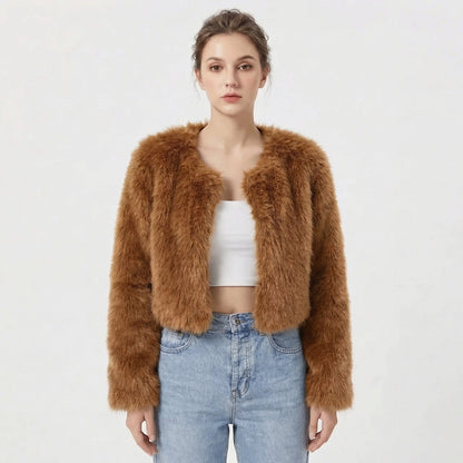 Women's faux fur jacket featuring a stylish cropped silhouette, perfect for adding a soft, lightweight layer to winter outfits, ideal for elegant evening wear. 3
