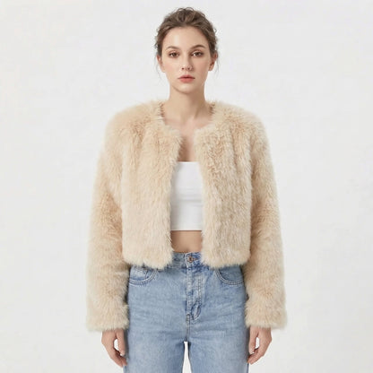 Women's faux fur jacket featuring a stylish cropped silhouette, perfect for adding a soft, lightweight layer to winter outfits, ideal for elegant evening wear. 4