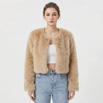 Women's faux fur jacket featuring a stylish cropped silhouette, perfect for adding a soft, lightweight layer to winter outfits, ideal for elegant evening wear. 5