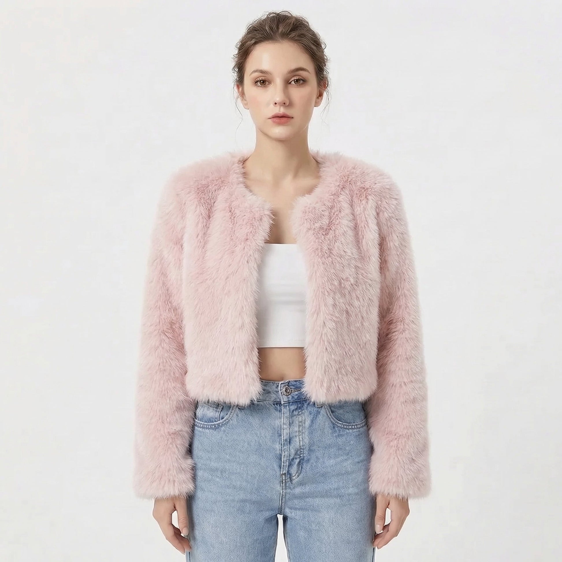 Women's faux fur jacket featuring a stylish cropped silhouette, perfect for adding a soft, lightweight layer to winter outfits, ideal for elegant evening wear. 6