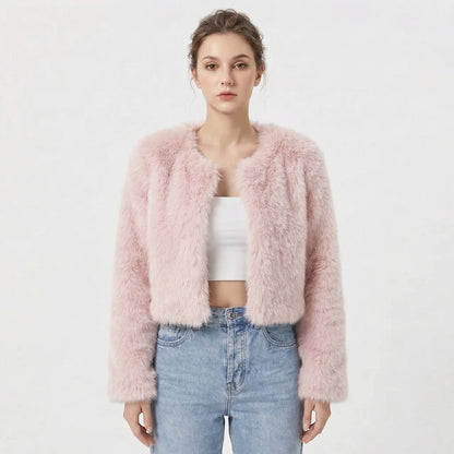 Women's faux fur jacket featuring a stylish cropped silhouette, perfect for adding a soft, lightweight layer to winter outfits, ideal for elegant evening wear. 6