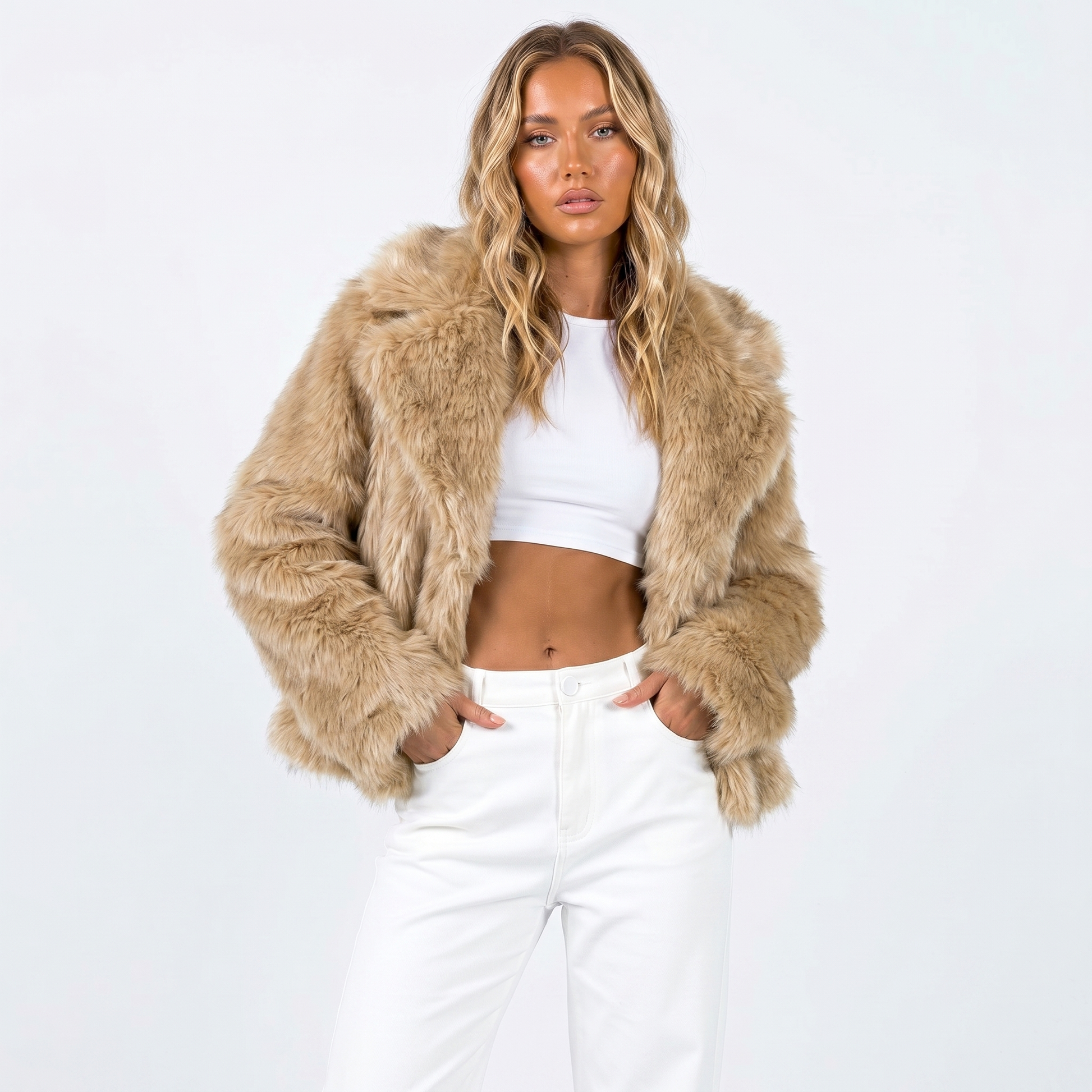 Women's faux fur jacket featuring an oversized collar, designed as a cropped winter coat suitable for casual and evening wear. 4