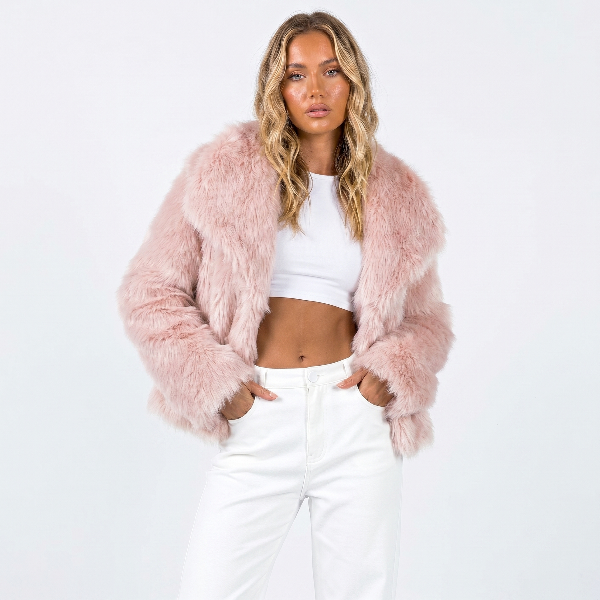 Women's faux fur jacket featuring an oversized collar, designed as a cropped winter coat suitable for casual and evening wear. 5