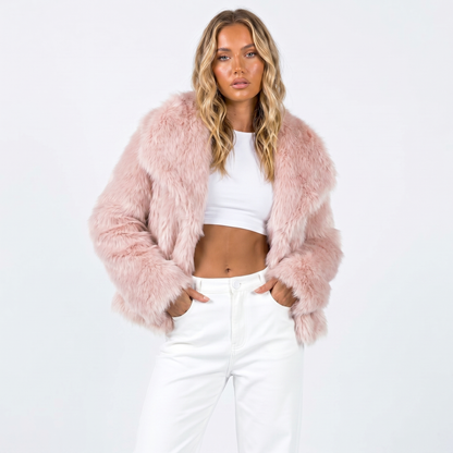 Women's faux fur jacket featuring an oversized collar, designed as a cropped winter coat suitable for casual and evening wear. 5