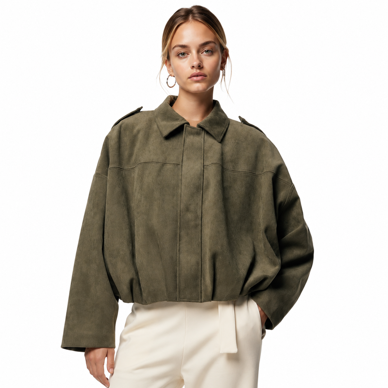 Women's faux suede bomber jacket featuring pronounced shoulders, a casual short cut, and a vintage-inspired design, perfect for chic, everyday wear. 1