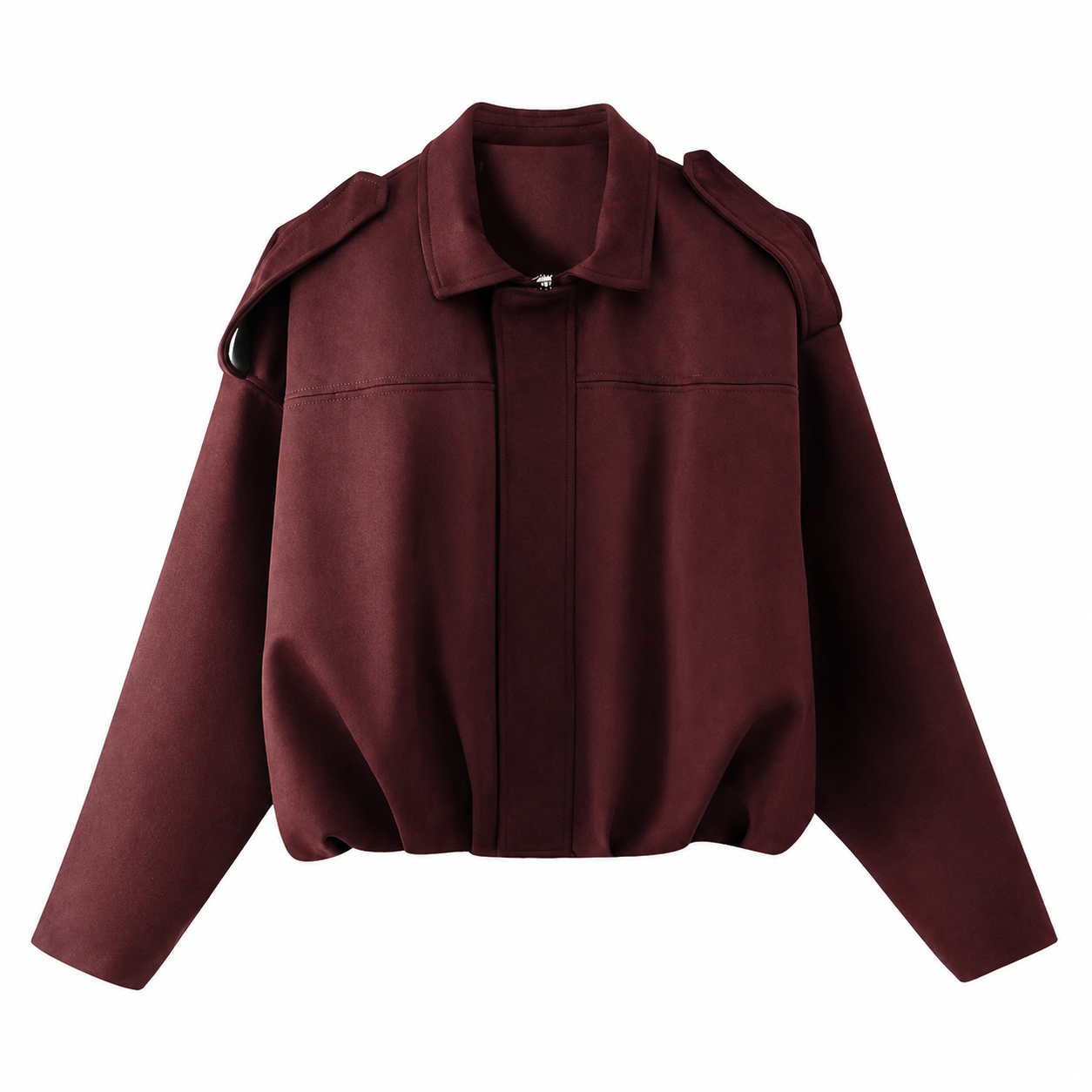 Women's faux suede bomber jacket featuring pronounced shoulders, a casual short cut, and a vintage-inspired design, perfect for chic, everyday wear. 3