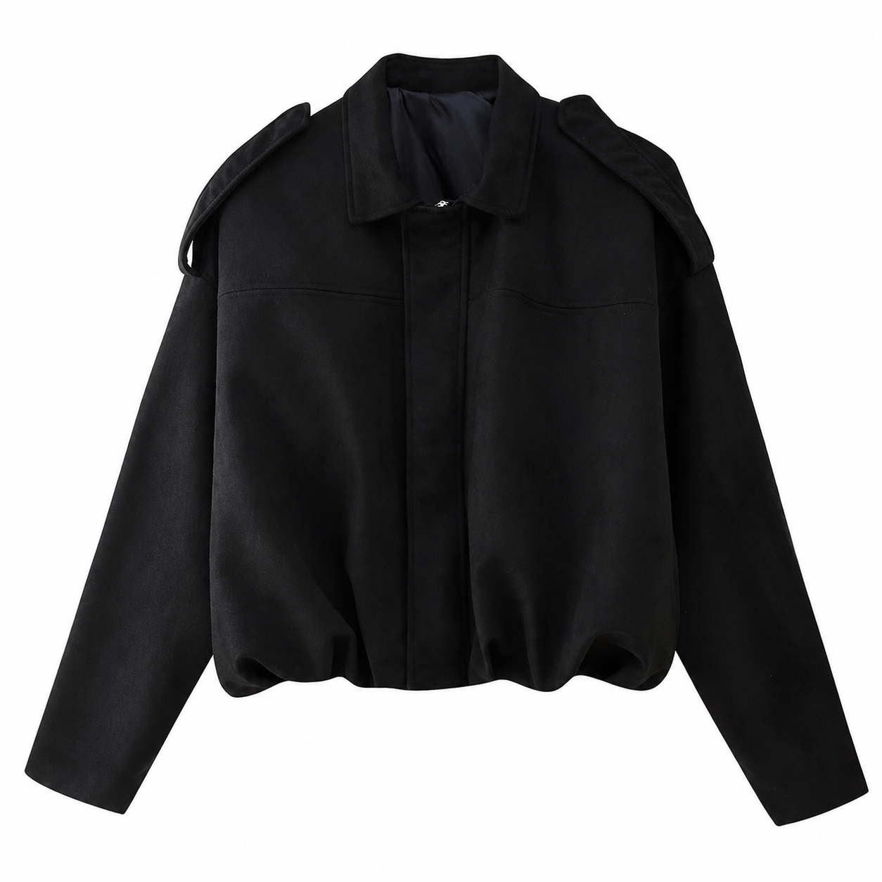 Women's faux suede bomber jacket featuring pronounced shoulders, a casual short cut, and a vintage-inspired design, perfect for chic, everyday wear. 4