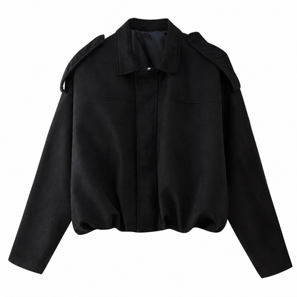 Women's faux suede bomber jacket featuring pronounced shoulders, a casual short cut, and a vintage-inspired design, perfect for chic, everyday wear. 4