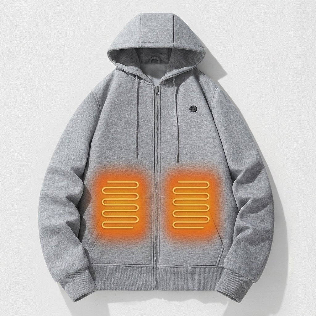 Women's heated zip-up hoodie featuring 3-level heat control, a cozy kangaroo pocket, and made from a warm polyester blend, perfect for cold weather 0