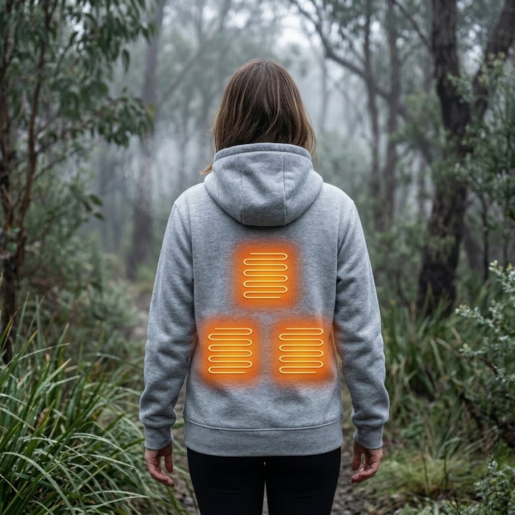 Women's heated zip-up hoodie featuring 3-level heat control, a cozy kangaroo pocket, and made from a warm polyester blend, perfect for cold weather 5