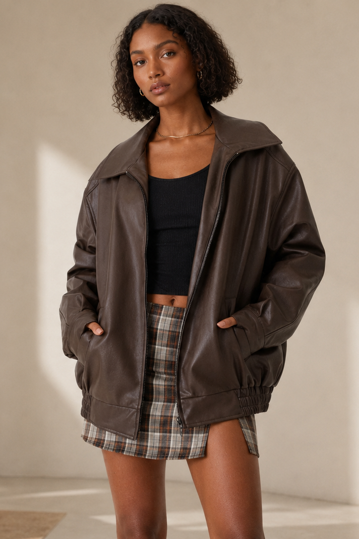 Women's oversized fit leather look jacket, perfect for casual everyday wear, featuring stylish design and comfortable fit. 0