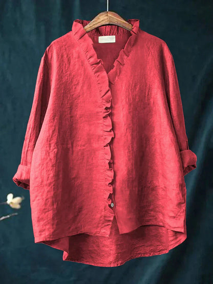 Women's linen casual shirt featuring ruffled details, made from soft breathable fabric perfect for everyday wear. 0