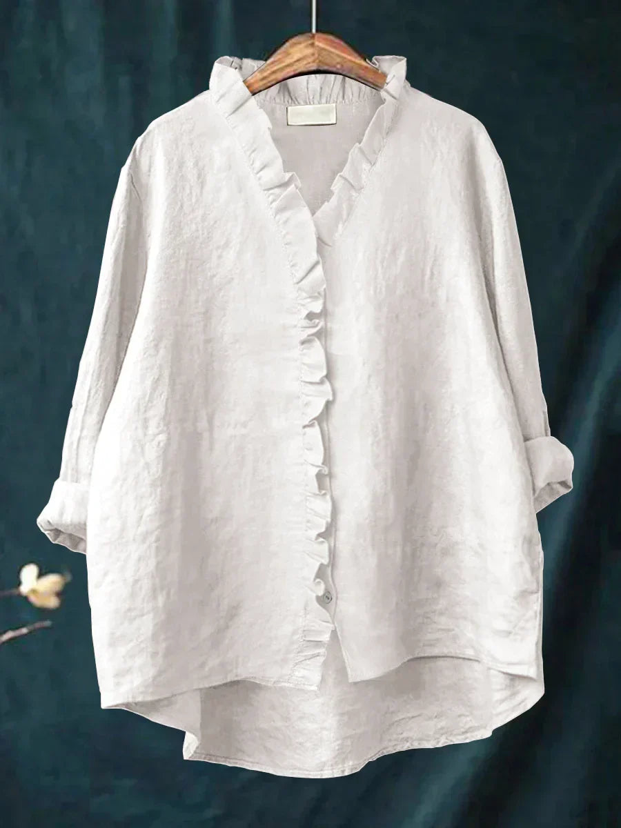 Women's linen casual shirt featuring ruffled details, made from soft breathable fabric perfect for everyday wear. 1