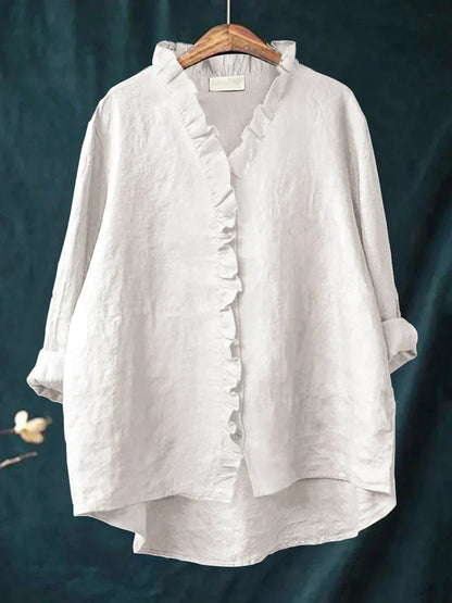 Women's linen casual shirt featuring ruffled details, made from soft breathable fabric perfect for everyday wear. 1