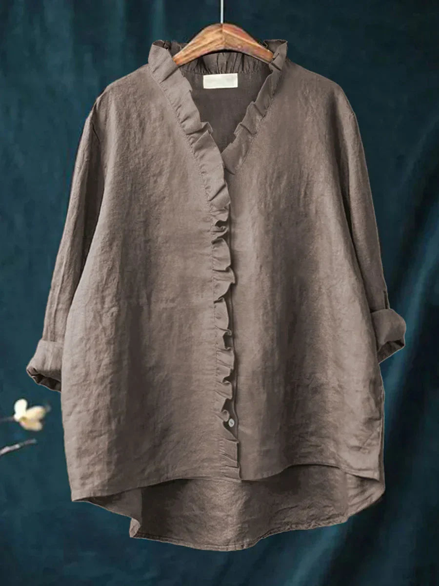 Women's linen casual shirt featuring ruffled details, made from soft breathable fabric perfect for everyday wear. 2