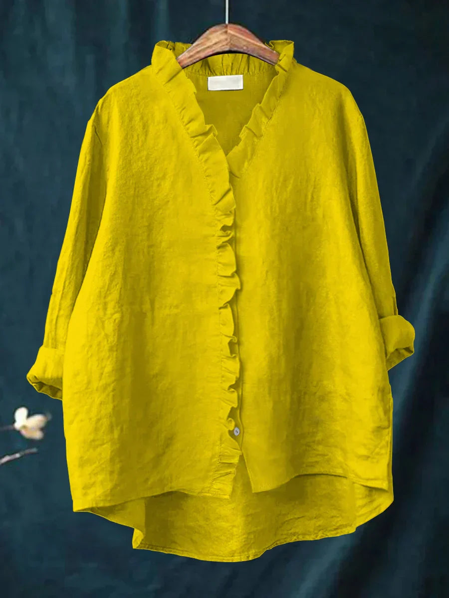 Women's linen casual shirt featuring ruffled details, made from soft breathable fabric perfect for everyday wear. 3