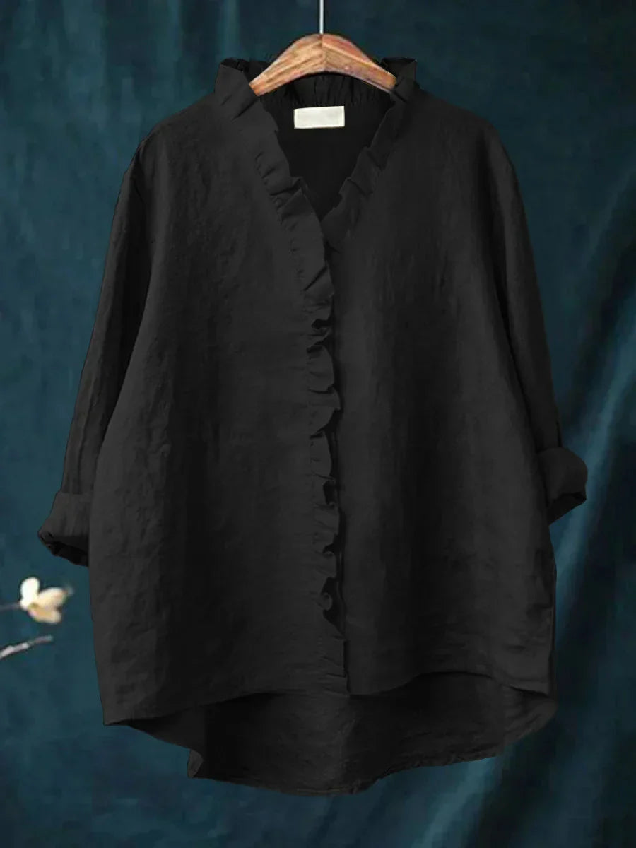 Women's linen casual shirt featuring ruffled details, made from soft breathable fabric perfect for everyday wear. 5