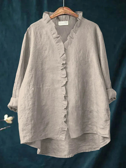 Women's linen casual shirt featuring ruffled details, made from soft breathable fabric perfect for everyday wear. 6