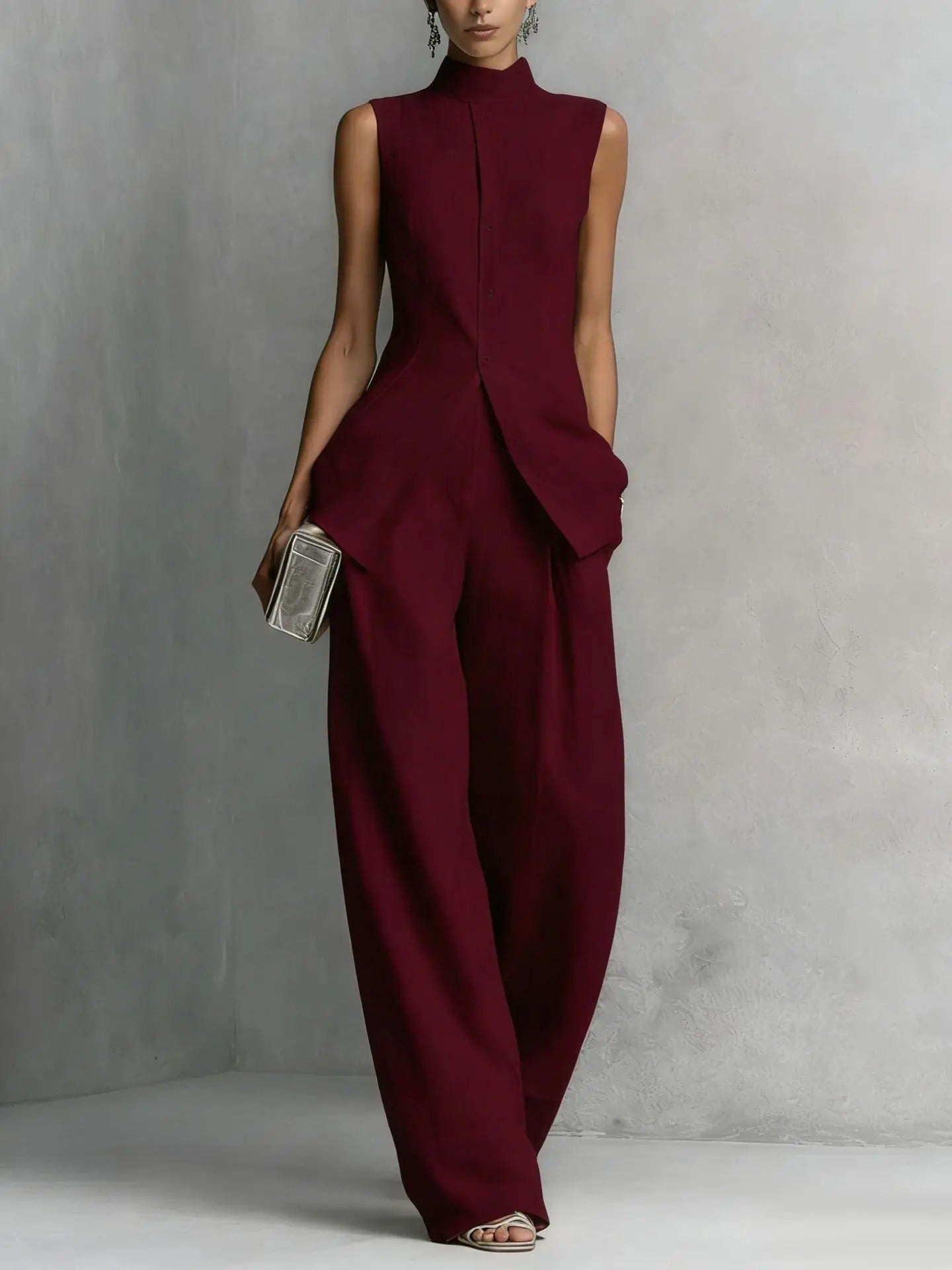 Women's linen two-piece set featuring a stylish stand-up collar top and comfortable wide-leg trousers, perfect for summer outings and casual wear. 0