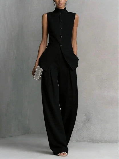 Women's linen two-piece set featuring a stylish stand-up collar top and comfortable wide-leg trousers, perfect for summer outings and casual wear. 1
