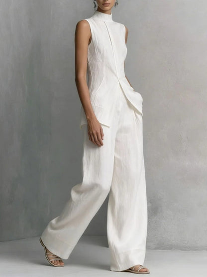 Women's linen two-piece set featuring a stylish stand-up collar top and comfortable wide-leg trousers, perfect for summer outings and casual wear. 6