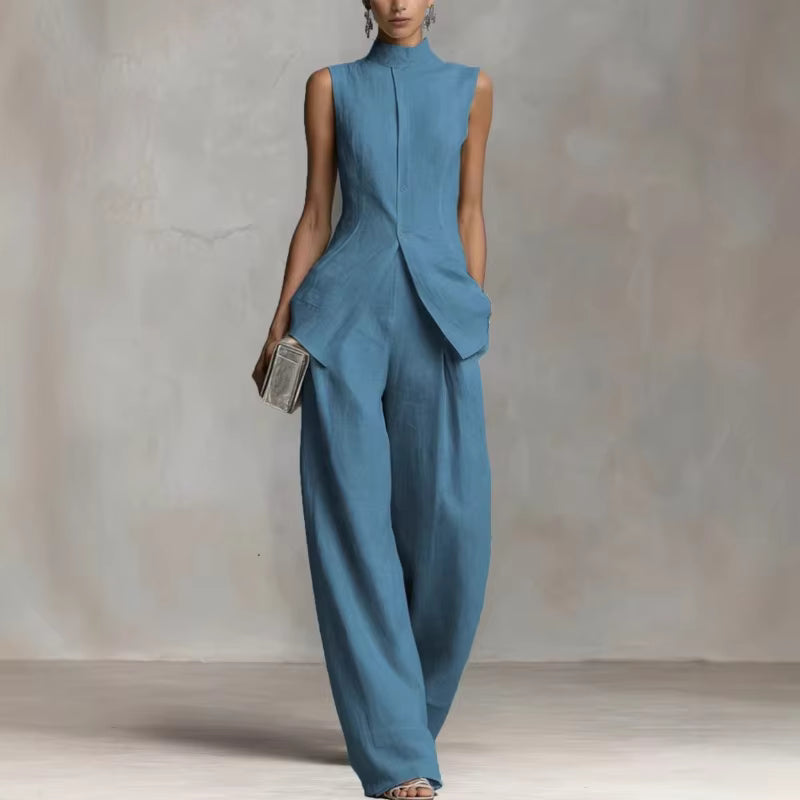 Women's linen two-piece set featuring a stylish stand-up collar top and comfortable wide-leg trousers, perfect for summer outings and casual wear. 8