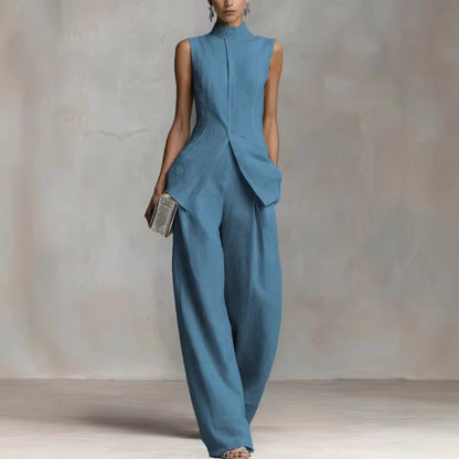 Women's linen two-piece set featuring a stylish stand-up collar top and comfortable wide-leg trousers, perfect for summer outings and casual wear. 8
