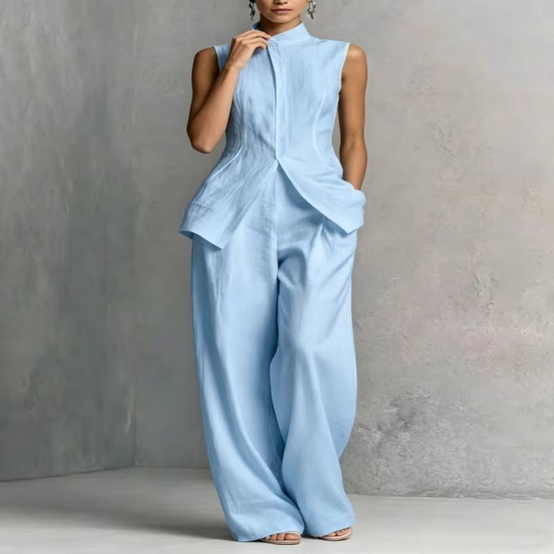 Women's linen two-piece set featuring a stylish stand-up collar top and comfortable wide-leg trousers, perfect for summer outings and casual wear. 9