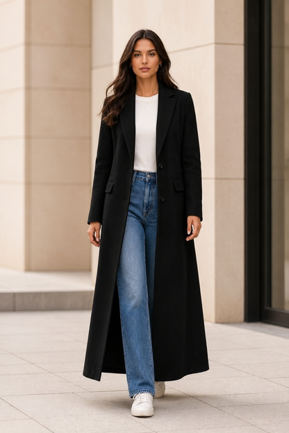 Women's long maxi coat featuring a tailored silhouette, perfect for minimalist winter style, ideal for everyday and evening wear. 0