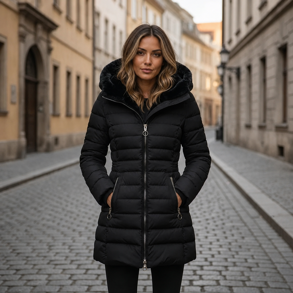 Women's long quilted black puffer jacket featuring an adjustable hood, designed for warmth and style in cold weather conditions. 3