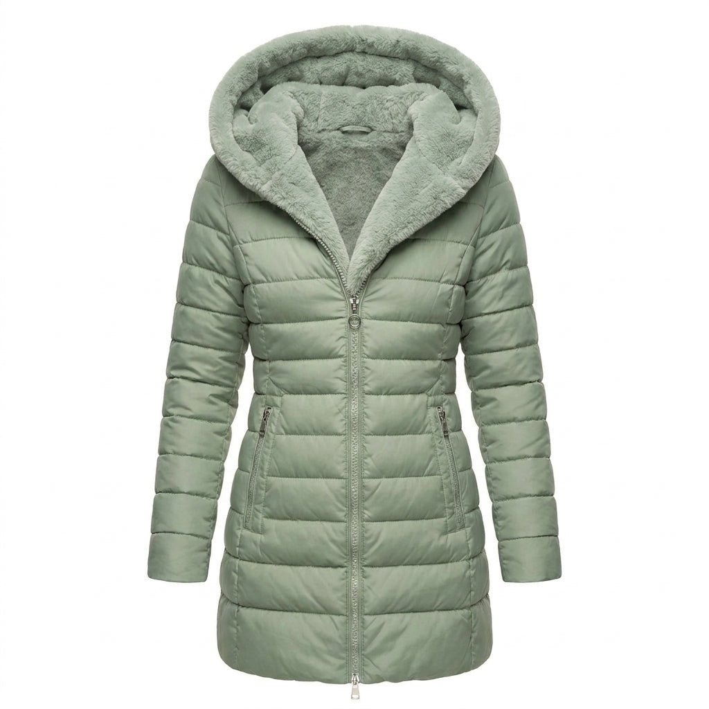 Women's long quilted black puffer jacket featuring an adjustable hood, designed for warmth and style in cold weather conditions. 4