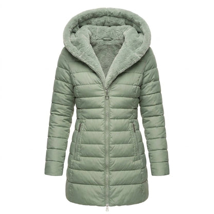 Women's long quilted black puffer jacket featuring an adjustable hood, designed for warmth and style in cold weather conditions. 4