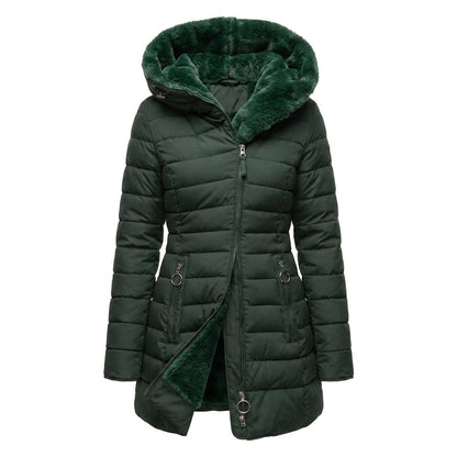 Women's long quilted black puffer jacket featuring an adjustable hood, designed for warmth and style in cold weather conditions. 7