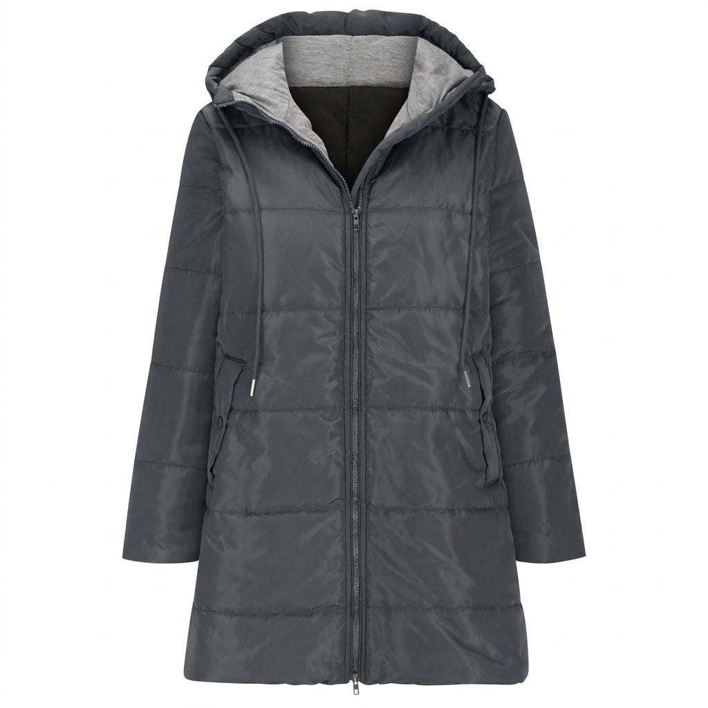 Women's longline quilted puffer jacket in black, featuring a zip front and practical pockets, ideal for cold weather wear. 1